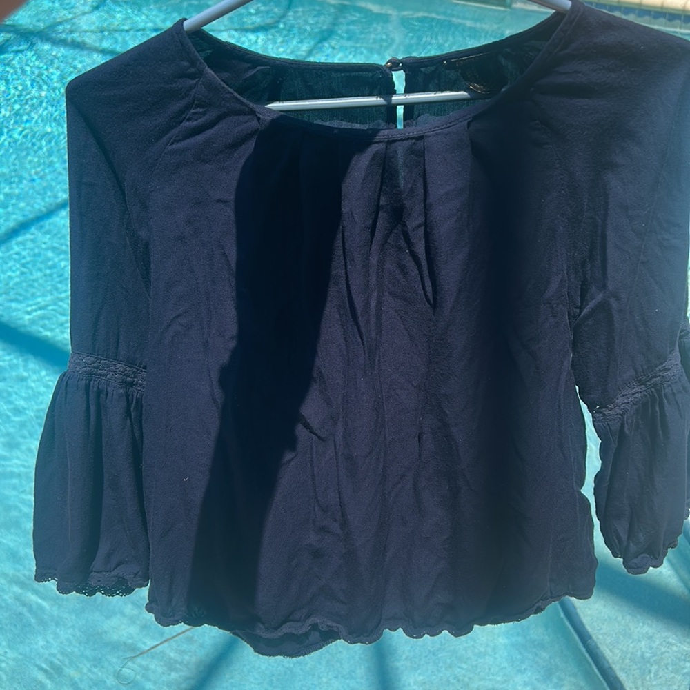 FOREVER 21 Dark Blue Boho Gypsy Bell Sleeve Blouse Shirt sz M EUC Flowy Loose